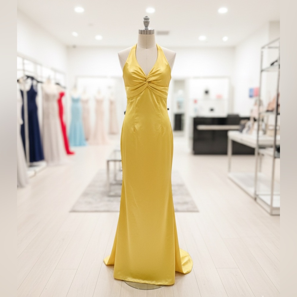 Gold Satin Halter Evening Gown - Open Back Bow Gala Prom Dress - Size 6 -NWT